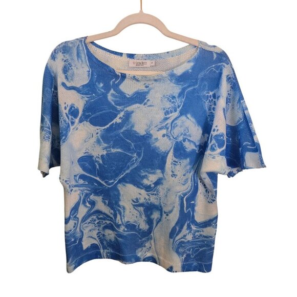 Luisa Ricci Made In Italy Lightweight Blue Floral Short Sleeve Sweater Size S - Picture 1 of 5